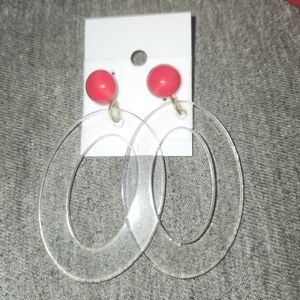 Clear Hoop Drop Earrings with Pink Studs - Women Jewelry